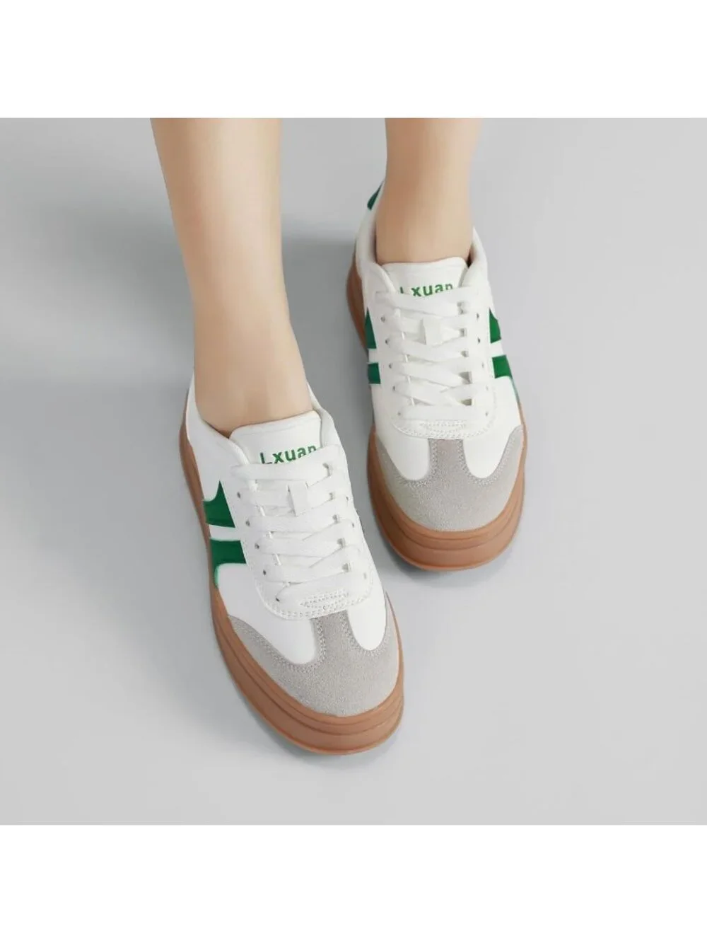 🆕Women's White Green Gum Sole Fashion Sneakers Thick Platform Sole Rubber Shoes